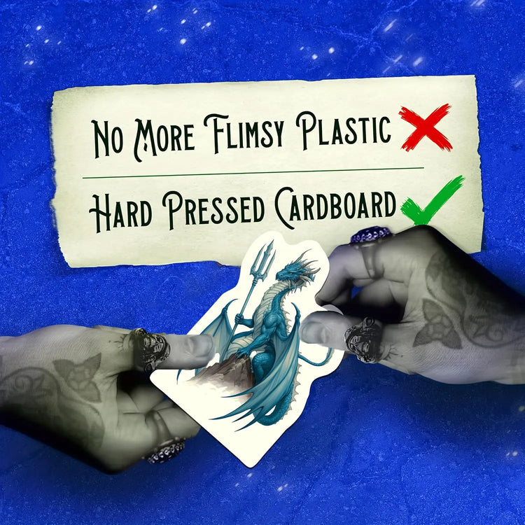 Hands holding a hard pressed cardboard dragon figure with text comparing materials for durability.