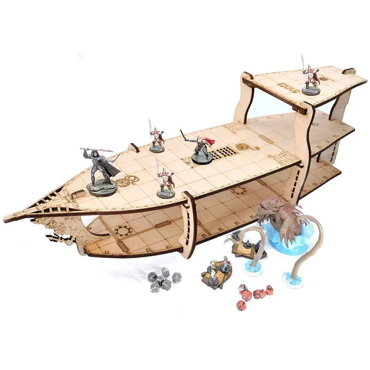 3-Level Brigantine Ship Display Stand – Wooden D&D Miniature Vessel for Tabletop RPGs Gamers Guild