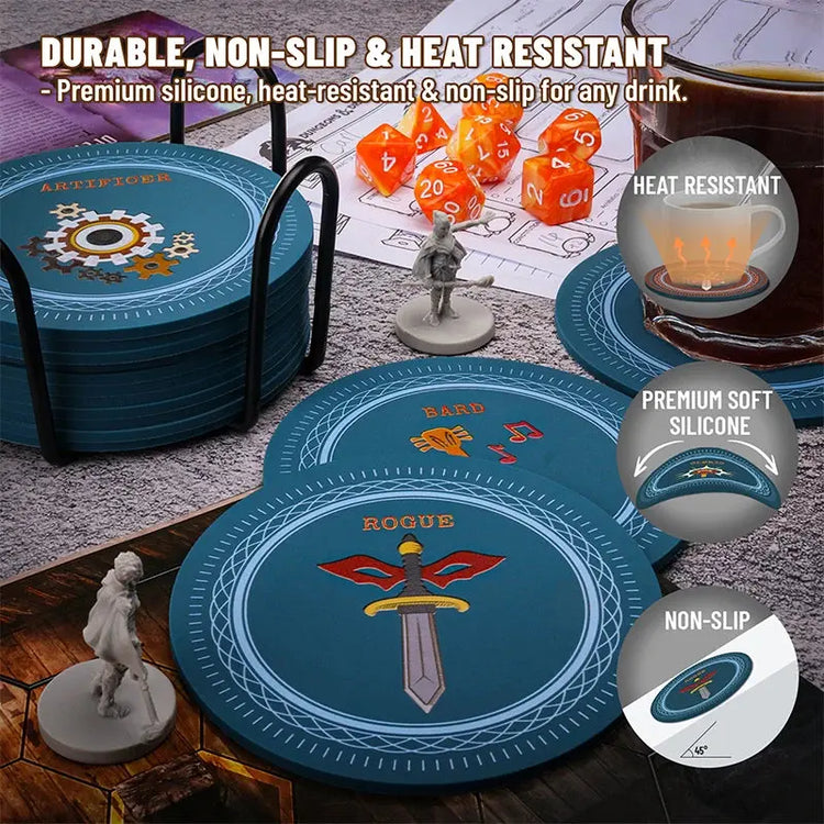 DND 5e Class Coaster Set – 14-Piece Silicone RPG Drink Mats with Holder, Non-Slip & Heat Resistant Gamers Guild