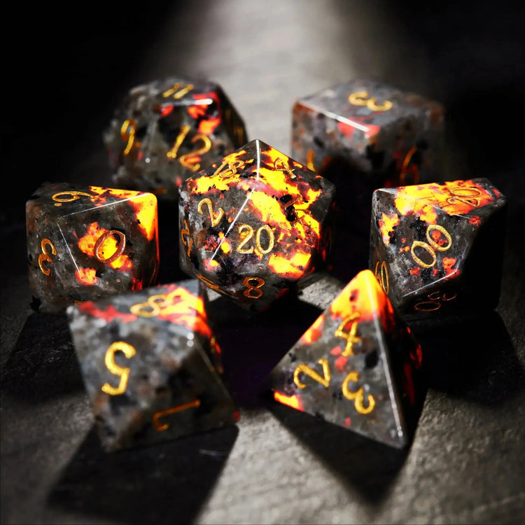 Flame Stone Volcanic Dice Set – 7Pcs UV-Reactive Gemstone Polyhedral Dice for DND & RPG Gamers Guild
