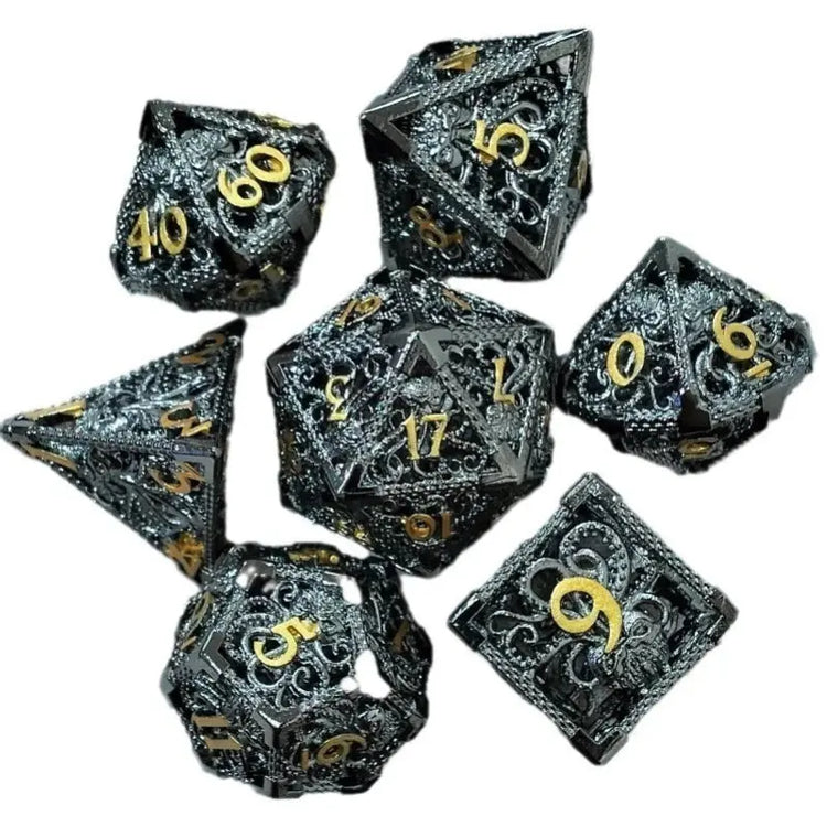 7 Pcs Hollow Metal Dice Set for DND RPG Dragon-Engraved Polyhedral Dice Tabletop Gaming Accessories for Dungeon Master Collector Gamers Guild