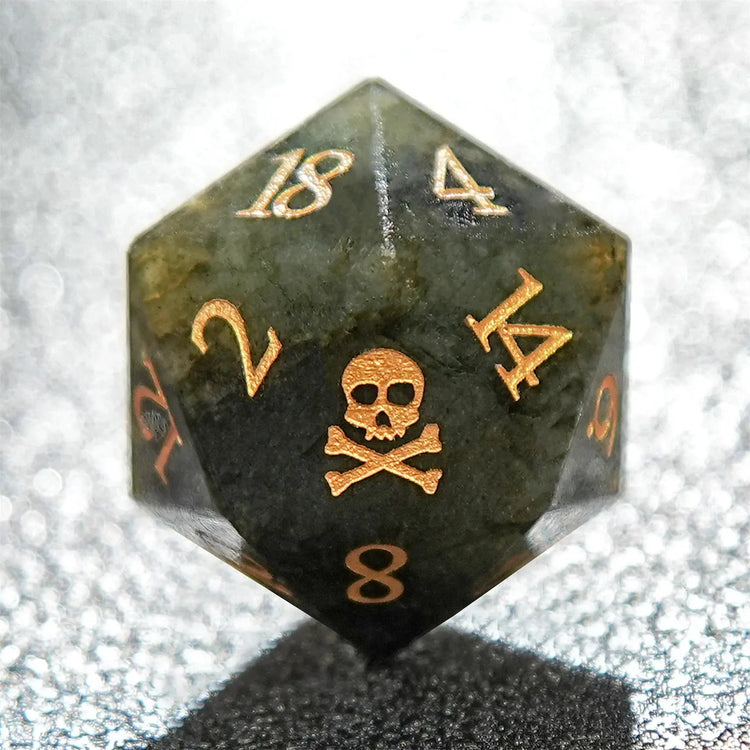 Labradorite Skull Dice Set – 7pc Gemstone Polyhedral Dice with Gold Script for DND & RPG Campaigns Gamers Guild