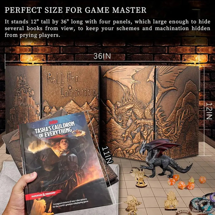 Faux Leather Embossed Dragon & Mimic DM Screen – 4-Panel Dungeon Master Screen with Pockets for Dungeons & Dragons & TTRPGs Gamers Guild