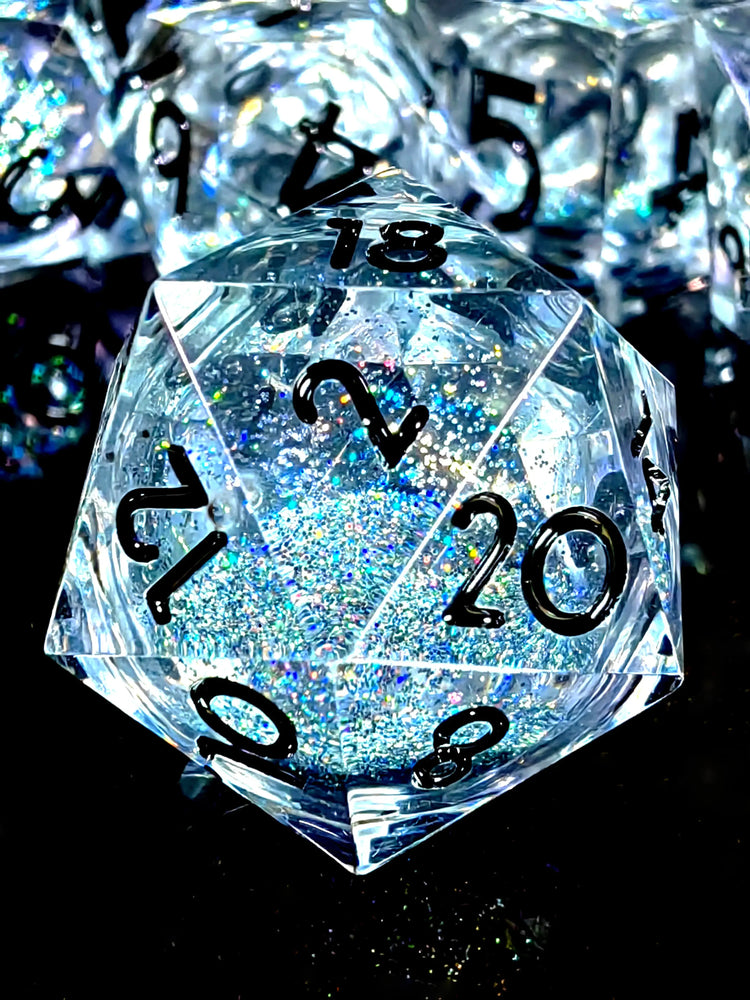 7-Piece Sharp Edge Resin Dice Set β Transparent Polyhedral Dice with Silver Sand & Black Numbers for D&D & RPG Tabletop Games Gamers Guild