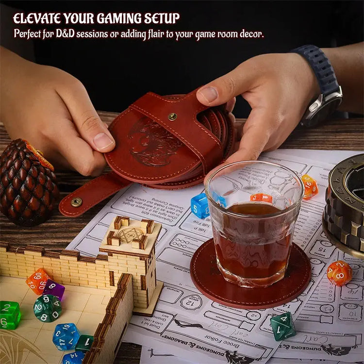 DND Faux Leather Coaster Set – 6 Embossed RPG Drink Mats with Holder Featuring Dragon, Beholder, Mimic & More Gamers Guild