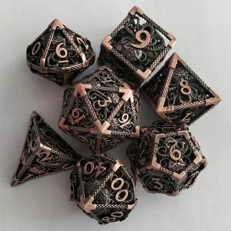 7 Pcs Hollow Metal Dice Set for DND RPG Dragon-Engraved Polyhedral Dice Tabletop Gaming Accessories for Dungeon Master Collector Gamers Guild