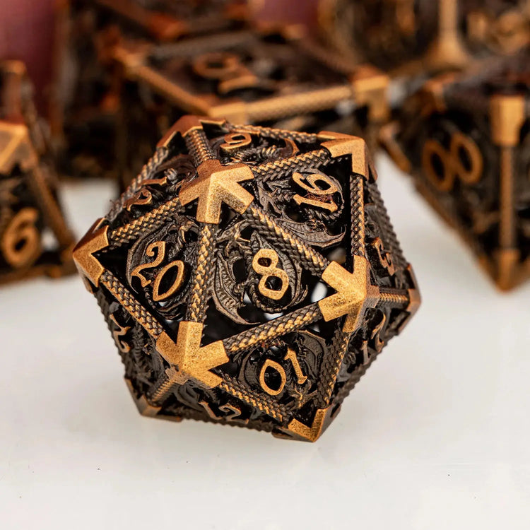 Ancient Gold Hollow Dragon Dice Set – Metal Polyhedral Dice for D&D, Pathfinder & RPGs Gamers Guild
