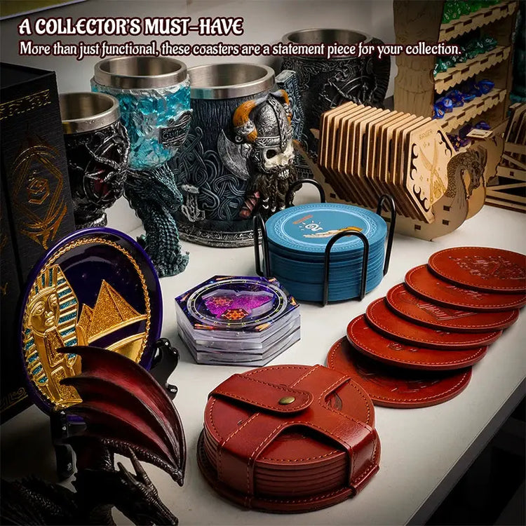 DND Faux Leather Coaster Set – 6 Embossed RPG Drink Mats with Holder Featuring Dragon, Beholder, Mimic & More Gamers Guild