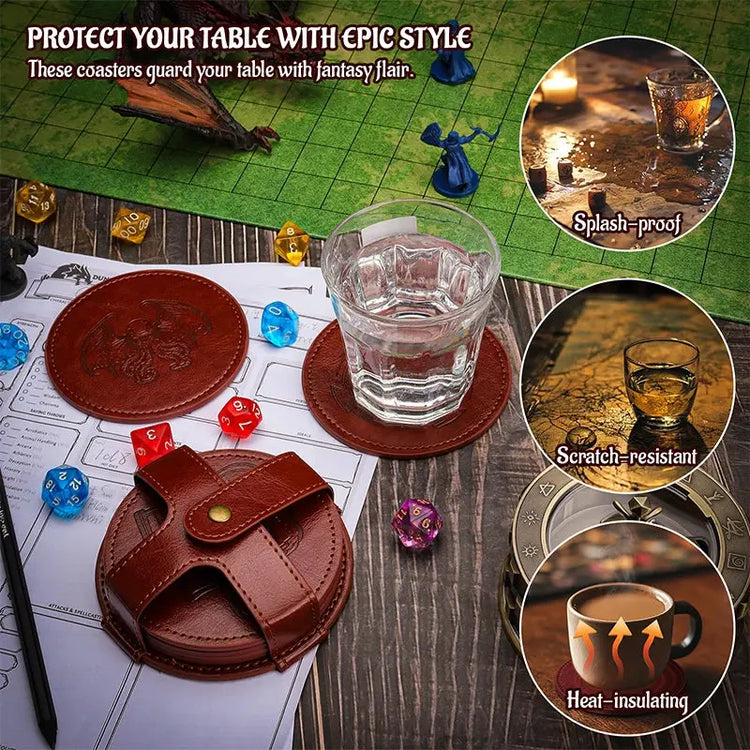 DND Faux Leather Coaster Set – 6 Embossed RPG Drink Mats with Holder Featuring Dragon, Beholder, Mimic & More Gamers Guild