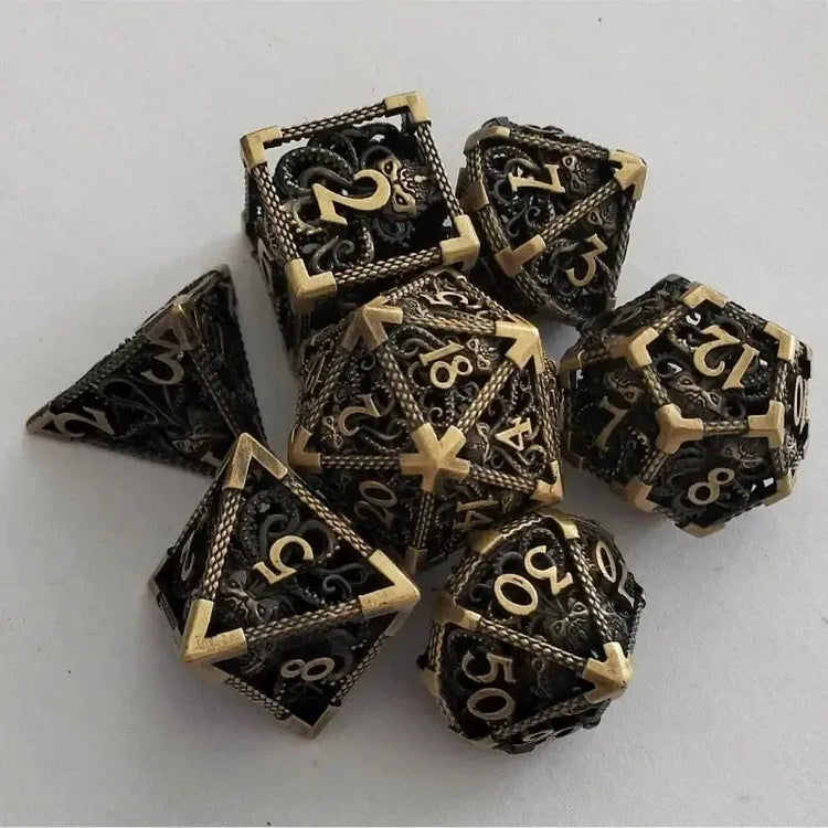 7 Pcs Hollow Metal Dice Set for DND RPG Dragon-Engraved Polyhedral Dice Tabletop Gaming Accessories for Dungeon Master Collector Gamers Guild