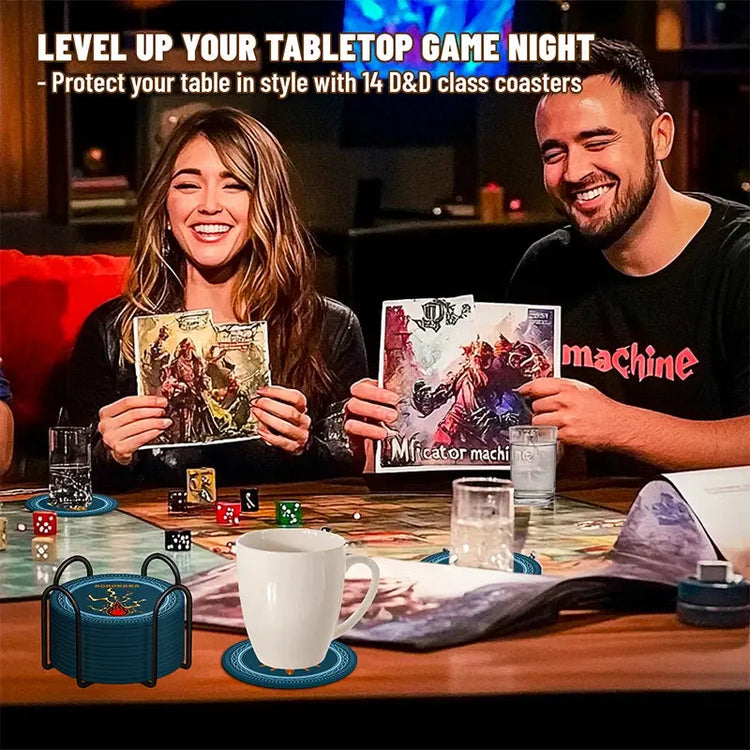 DND 5e Class Coaster Set – 14-Piece Silicone RPG Drink Mats with Holder, Non-Slip & Heat Resistant Gamers Guild