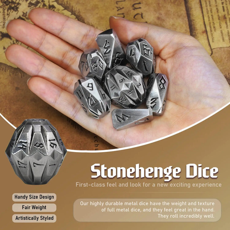 7-Piece ZHOORQI Stonehenge Metal Dice Set – Weathered Polyhedral RPG Dice for D&D, Pathfinder & Tabletop Games Gamers Guild