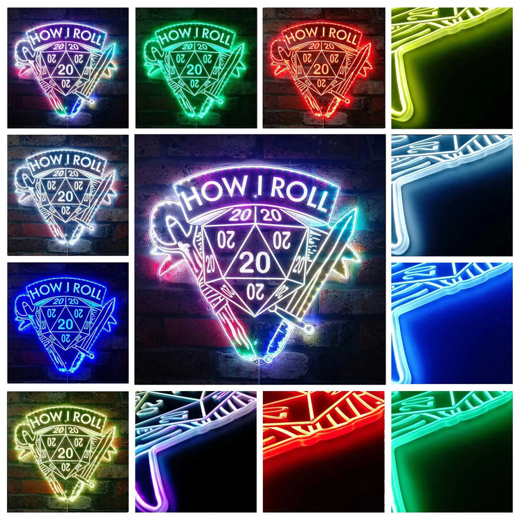 "How I Roll" DND Neon LED Sign – Edge-Lit Acrylic Gamer Light with Bluetooth Control Game Room Decor for RPG Fans Gamers Guild