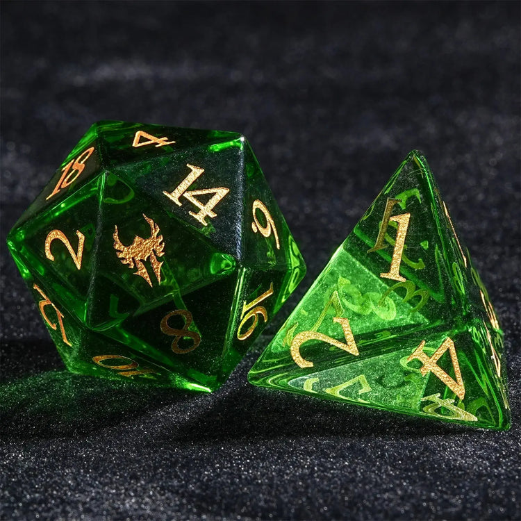Green Glass Paladin Dice Set – 7pc Resin Polyhedral Dice with Golden Font for DND & RPG Tabletop Games Gamers Guild