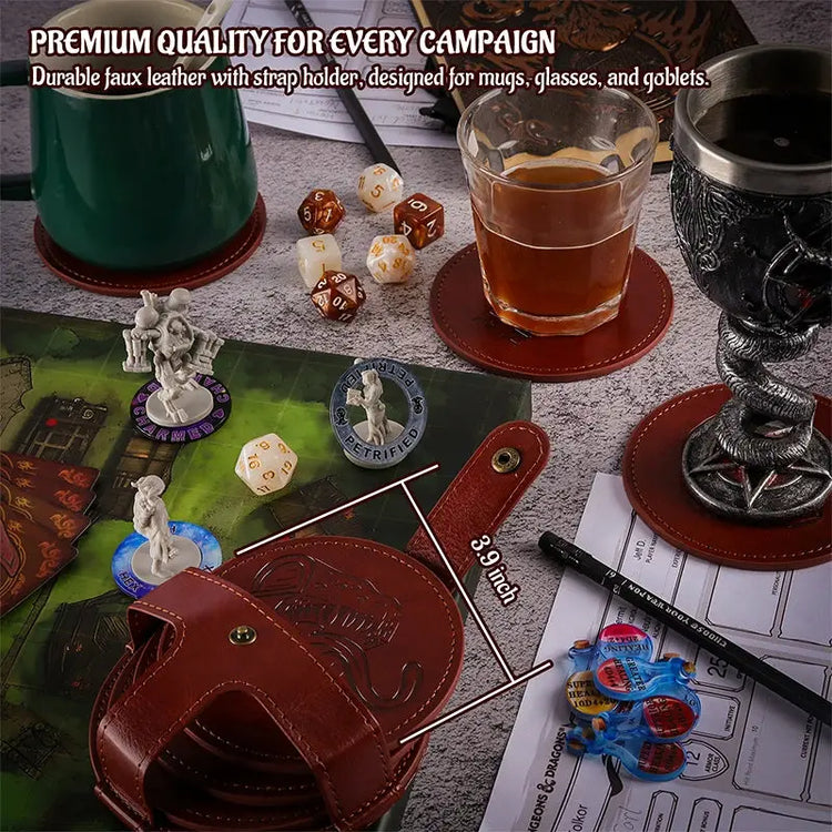 DND Faux Leather Coaster Set – 6 Embossed RPG Drink Mats with Holder Featuring Dragon, Beholder, Mimic & More Gamers Guild