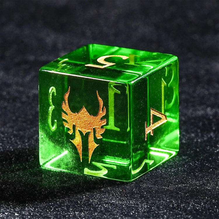 Green Glass Paladin Dice Set – 7pc Resin Polyhedral Dice with Golden Font for DND & RPG Tabletop Games Gamers Guild