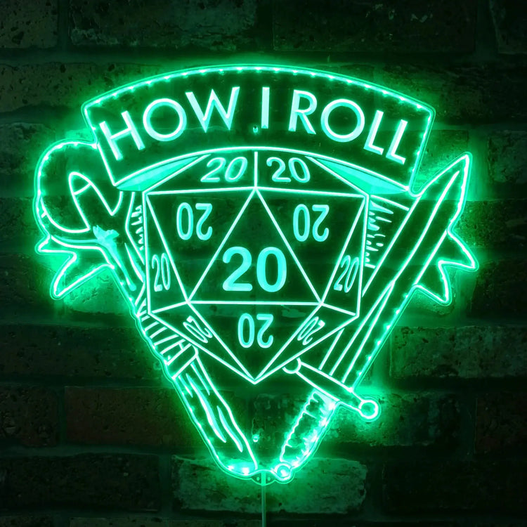 "How I Roll" DND Neon LED Sign – Edge-Lit Acrylic Gamer Light with Bluetooth Control Game Room Decor for RPG Fans Gamers Guild