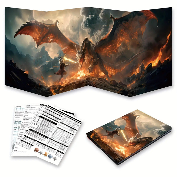 Foldable DND Master Screen – 4-Panel Fire & Dragon Battle Design with 5E Inserts for Dungeons & Dragons, Pathfinder & TTRPGs Gamers Guild