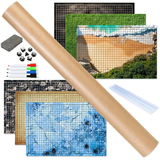 Dual-Sided Battle Terrain Grid Map Set – Paper RPG Gaming Maps with Dice, Mountains & Water Charts for Dungeons & Dragons & Tabletop Games Gamers Guild