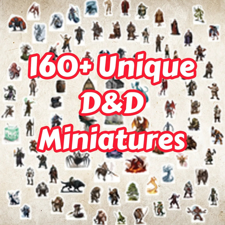 Collection of 160+ unique D&D miniatures featuring heroes, monsters, and NPCs for tabletop gaming.