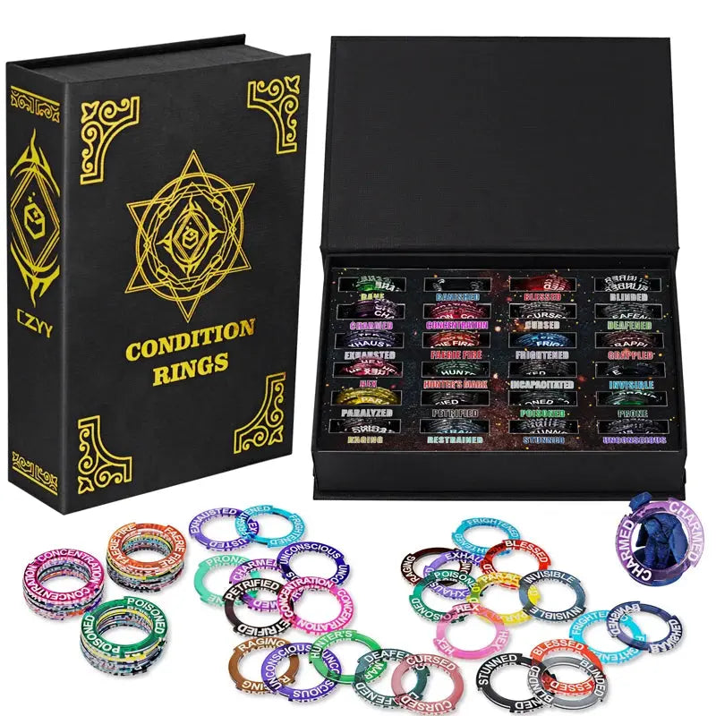Upgraded Condition Rings – 96 PCS Status Effect Markers with Magic Book Storage Box  D&D & TTRPG Combat Tracker Gamers Guild