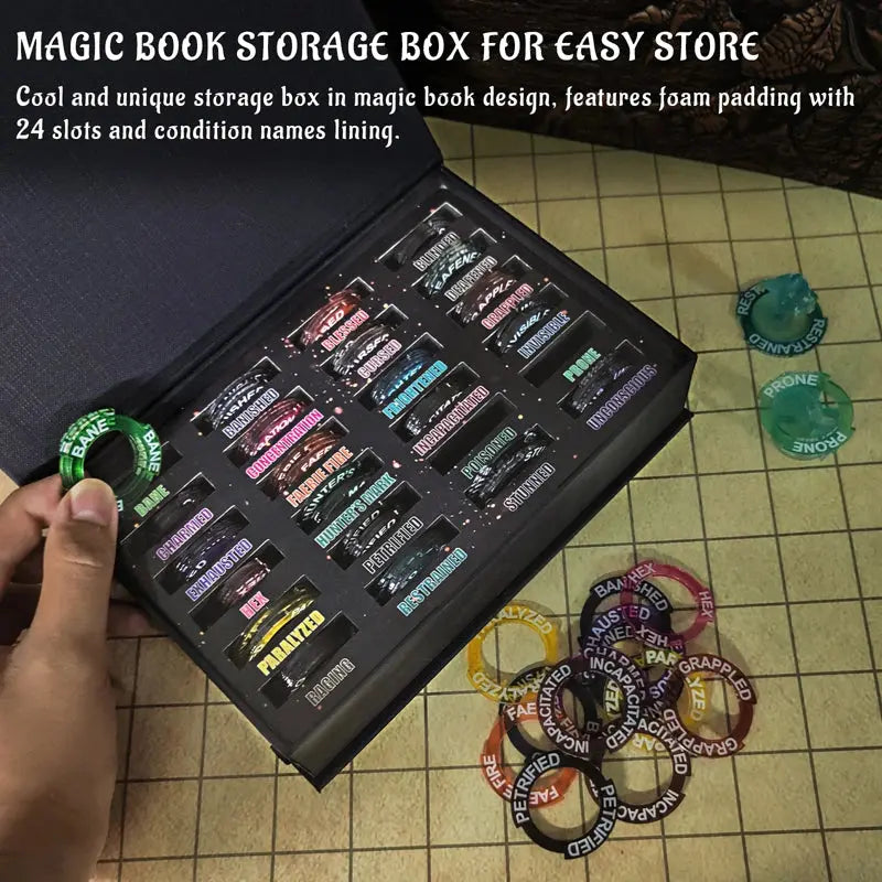 Upgraded Condition Rings – 96 PCS Status Effect Markers with Magic Book Storage Box  D&D & TTRPG Combat Tracker Gamers Guild