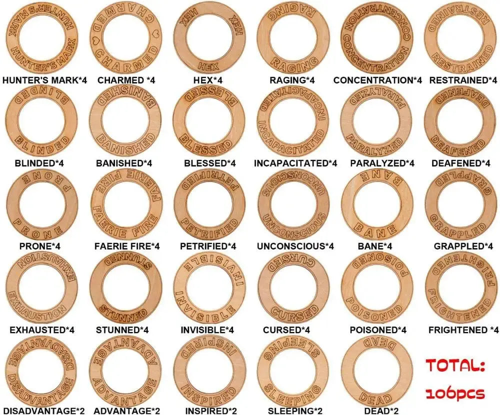 D&D Condition Rings – 106 PCS Wooden Status Effect Markers for Miniatures & RPG Combat Gamers Guild