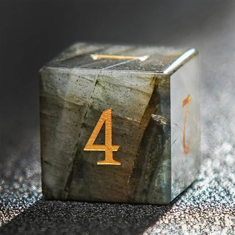 Labradorite Skull Dice Set – 7pc Gemstone Polyhedral Dice with Gold Script for DND & RPG Campaigns Gamers Guild