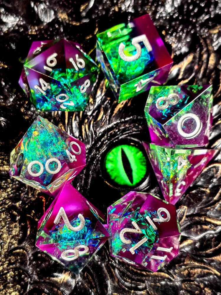 7-Piece Sharp Edge Resin Dice Set – Green Transparent Base with Copper Numbers for D&D & Tabletop RPGs Gamers Guild