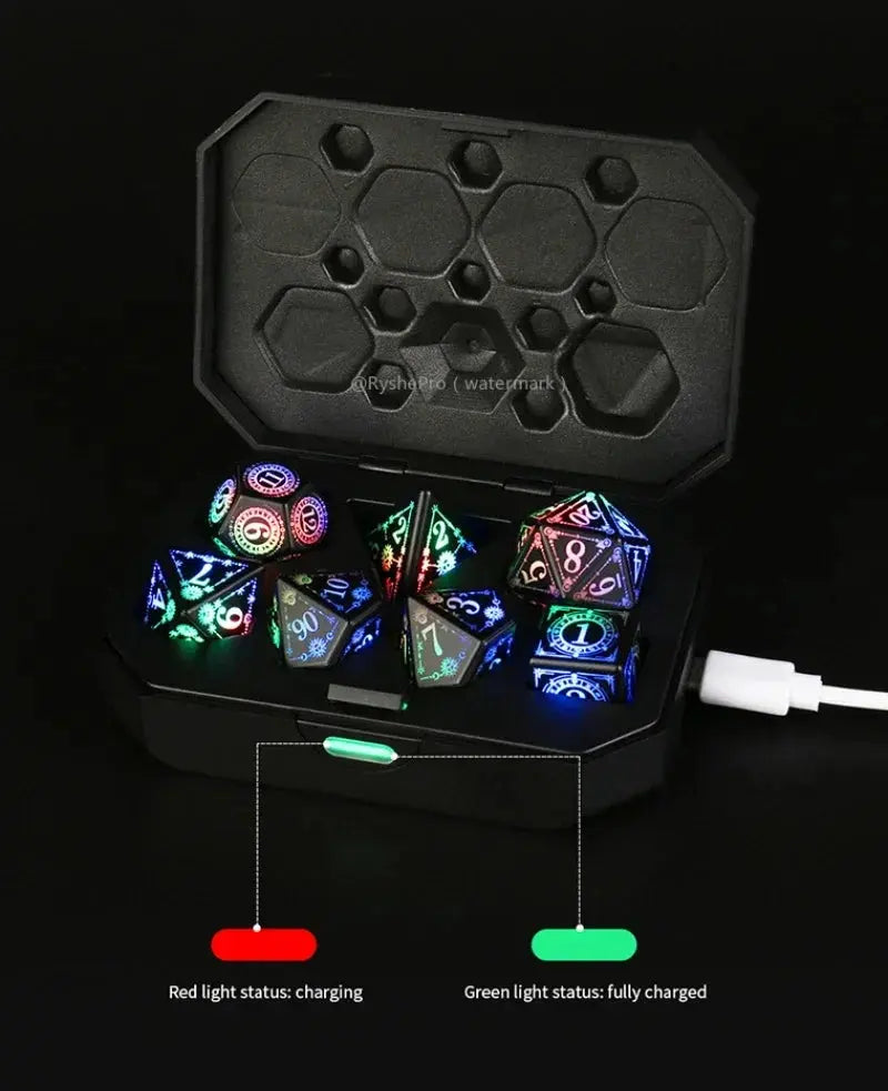 7-Piece Luminous DND Dice Set – Rechargeable Light-Up Polyhedral Dice with Charging Case for Dungeons & Dragons & RPG Games Gamers Guild
