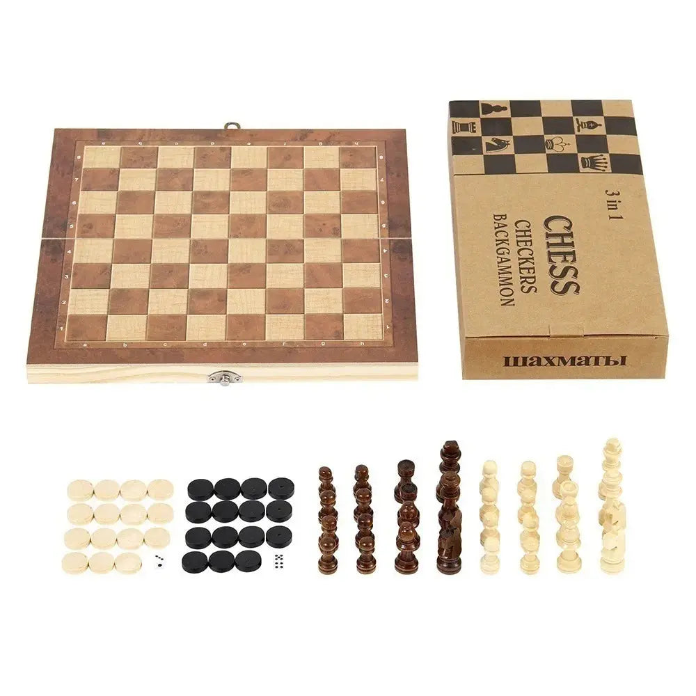 3 in 1 foldable travel chess set with chess board, pieces for checkers and backgammon for on-the-go entertainment.