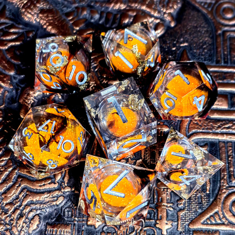 7-Piece Transparent Resin Dice Set – Sharp Edge Polyhedral Dice with Gold Numbers for RPGs Gamers Guild
