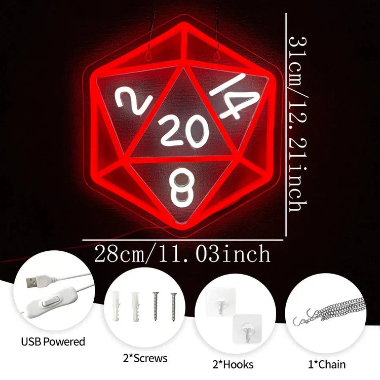 Dice LED Neon Sign — Dungeons & Dragons Game Wall Light | USB-Powered Acrylic Décor for Roleplay Rooms & Gamer Caves Gamers Guild