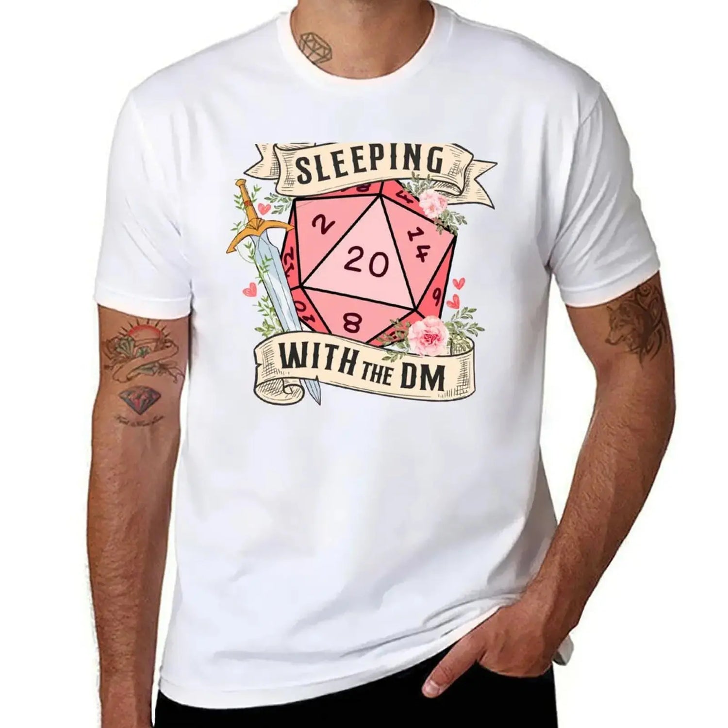 SLEEPING WITH THE DM T-Shirt – Funny DnD Girlfriend/Wife Gift | Floral d20 Dice & Sword Cotton Tee Gamers Guild