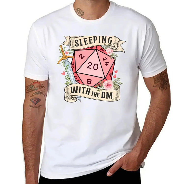 SLEEPING WITH THE DM T-Shirt – Funny DnD Girlfriend/Wife Gift | Floral d20 Dice & Sword Cotton Tee Gamers Guild