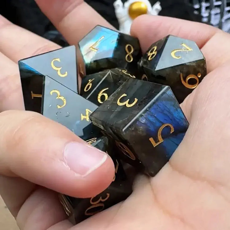 Labradorite Skull Dice Set – 7pc Gemstone Polyhedral Dice with Gold Script for DND & RPG Campaigns Gamers Guild