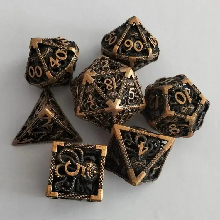 7 Pcs Hollow Metal Dice Set for DND RPG Dragon-Engraved Polyhedral Dice Tabletop Gaming Accessories for Dungeon Master Collector Gamers Guild