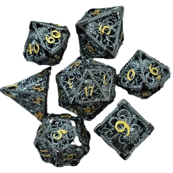 7 Pcs Hollow Metal Dice Set for DND RPG Dragon-Engraved Polyhedral Dice Tabletop Gaming Accessories for Dungeon Master Collector Gamers Guild