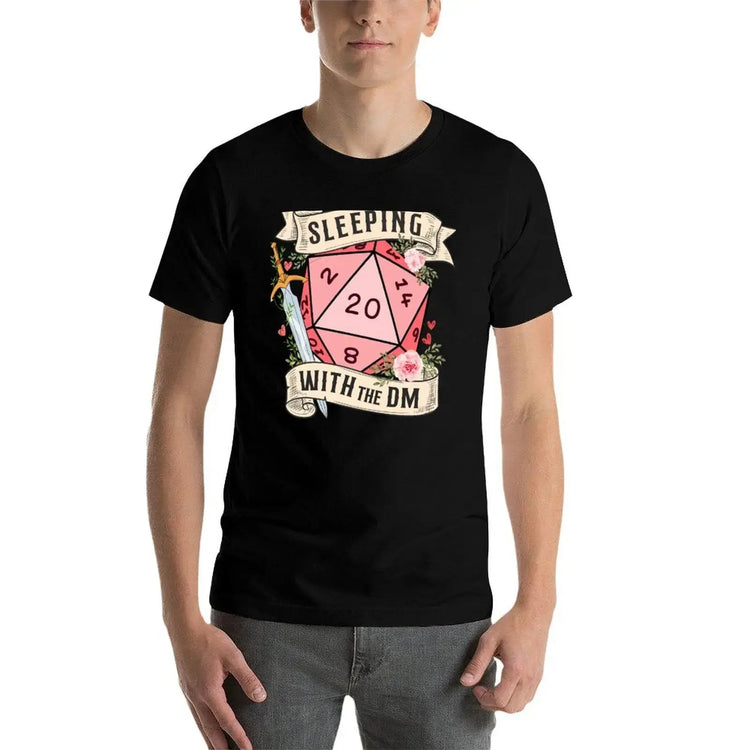 SLEEPING WITH THE DM T-Shirt – Funny DnD Girlfriend/Wife Gift | Floral d20 Dice & Sword Cotton Tee Gamers Guild