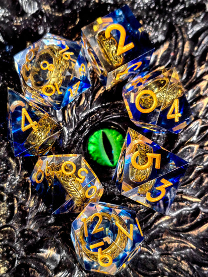 7-Piece Sharp Edge Resin Dice Set – Green Transparent Ring Core with Silver Numbers for RPGs Gamers Guild