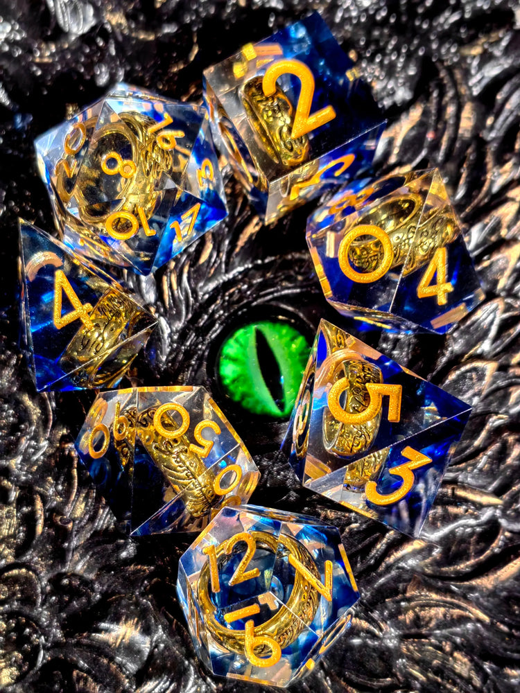 7-Piece Sharp Edge Resin Dice Set – Green Transparent Ring Core with Silver Numbers for RPGs Gamers Guild