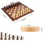 Foldable travel chess set with wooden pieces, dimensions: 24cm x 24cm, perfect for on-the-go strategy games.