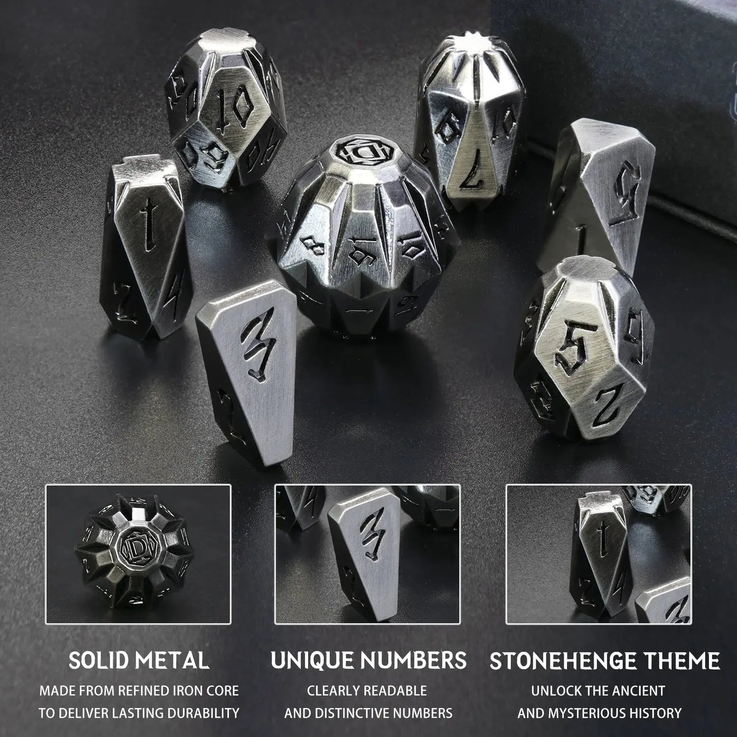 7-Piece ZHOORQI Stonehenge Metal Dice Set – Weathered Polyhedral RPG Dice for D&D, Pathfinder & Tabletop Games Gamers Guild