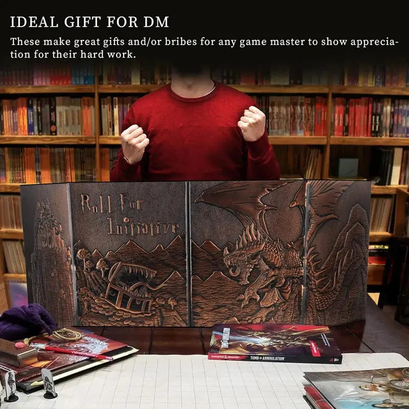 Faux Leather Embossed Dragon & Mimic DM Screen – 4-Panel Dungeon Master Screen with Pockets for Dungeons & Dragons & TTRPGs Gamers Guild