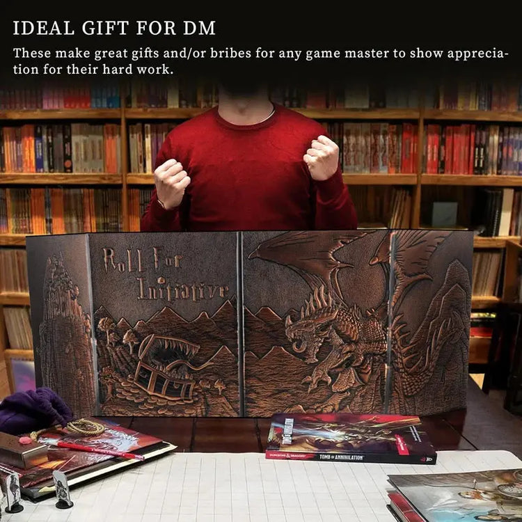 Faux Leather Embossed Dragon & Mimic DM Screen – 4-Panel Dungeon Master Screen with Pockets for Dungeons & Dragons & TTRPGs Gamers Guild