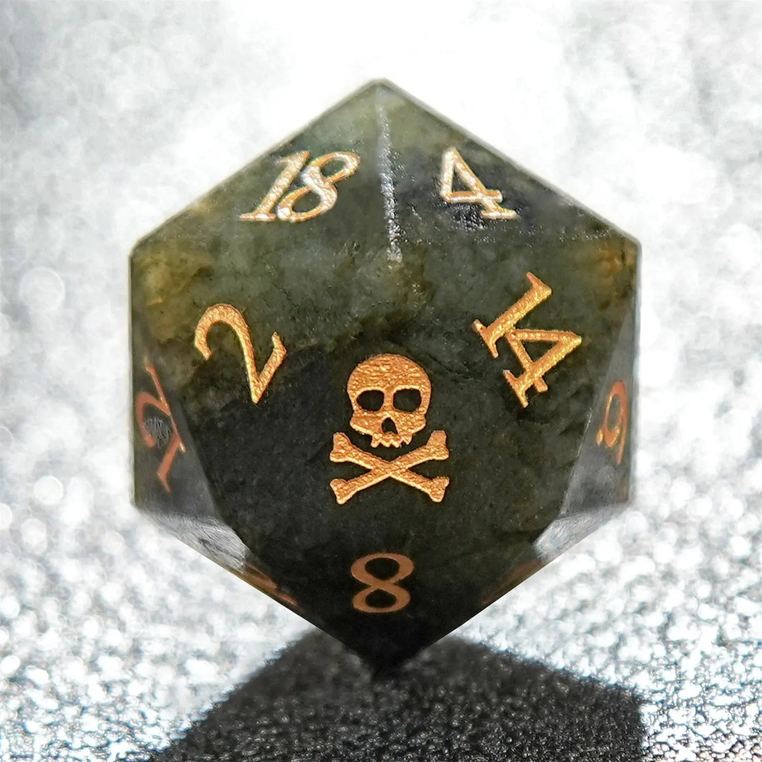 Labradorite Skull Dice Set – 7pc Gemstone Polyhedral Dice with Gold Script for DND & RPG Campaigns Gamers Guild
