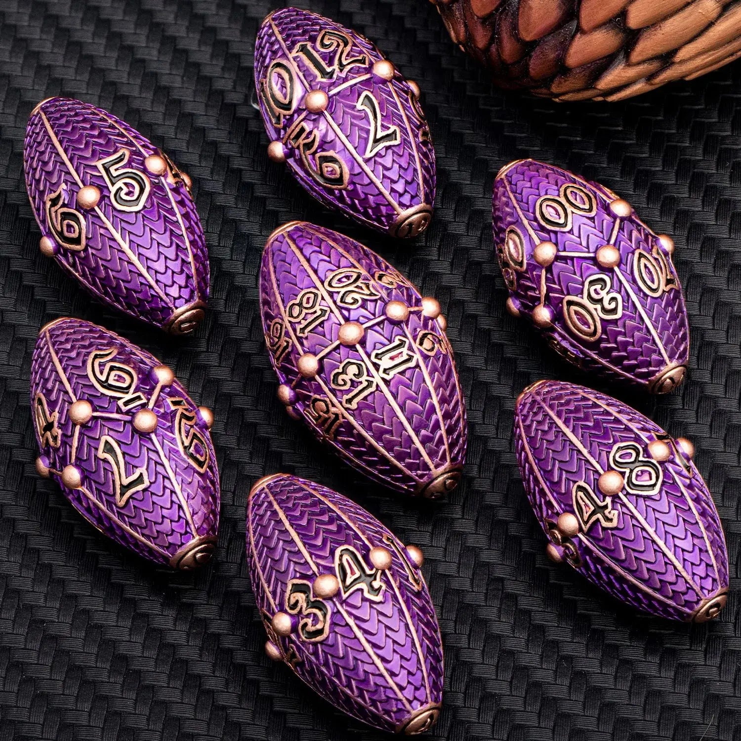 ARUOHHA Copper Purple Dragon Egg Dice Set – Metal Polyhedral Dice with Rotating Shell for D&D, Pathfinder & RPGs Gamers Guild