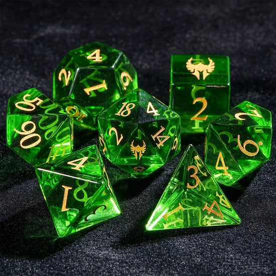Green Glass Paladin Dice Set – 7pc Resin Polyhedral Dice with Golden Font for DND & RPG Tabletop Games Gamers Guild