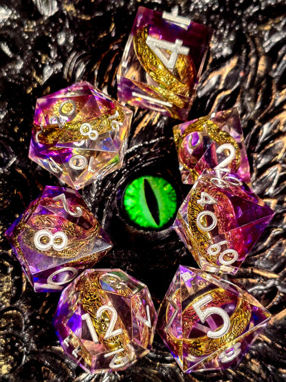 7-Piece Sharp Edge Resin Dice Set – Green Transparent Ring Core with Silver Numbers for RPGs Gamers Guild