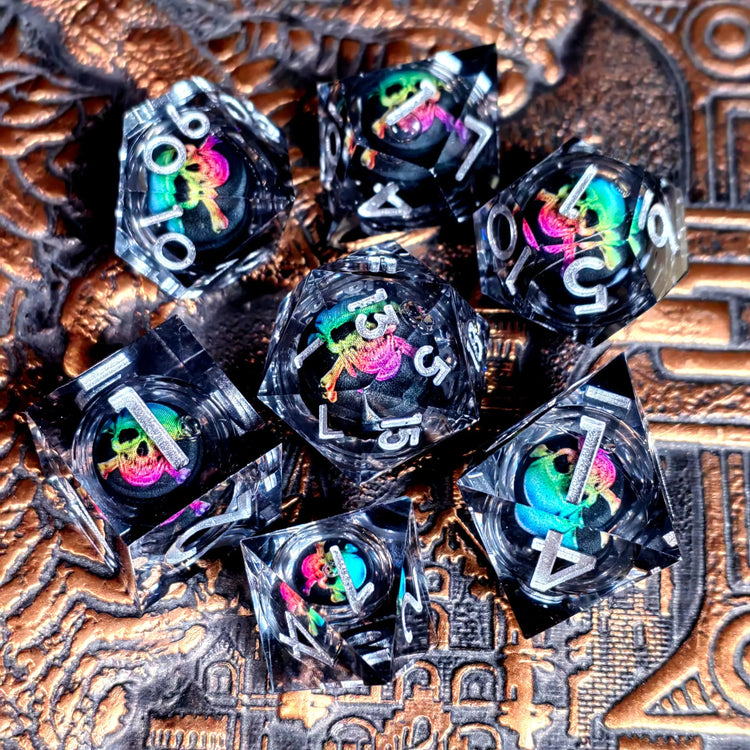 Spinning Dragon Eye Resin Dice Set – 7-Piece Transparent Polyhedral Dice with Blue Text for RPGs Gamers Guild
